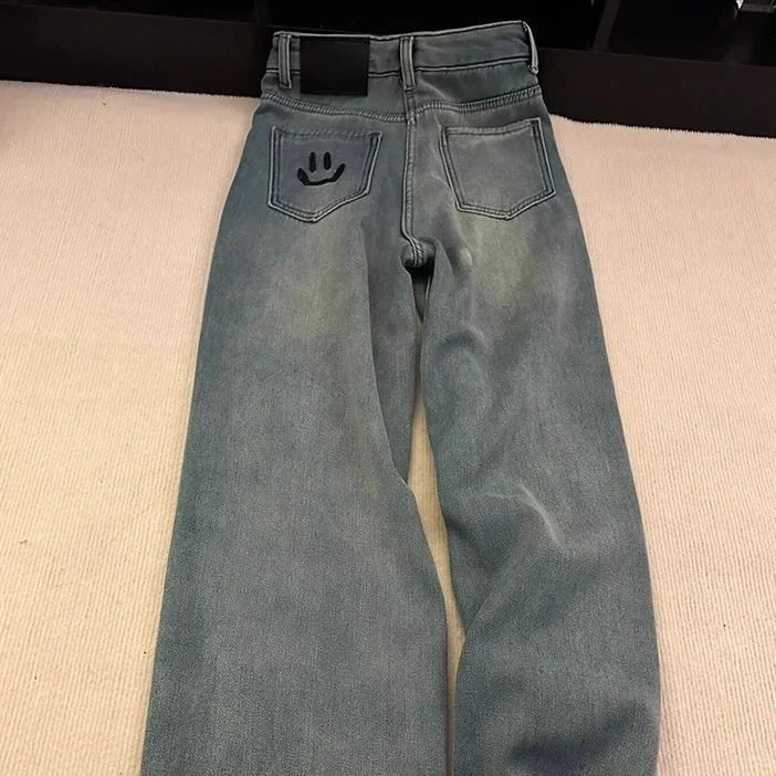 复古天丝蓝色直筒阔腿裤