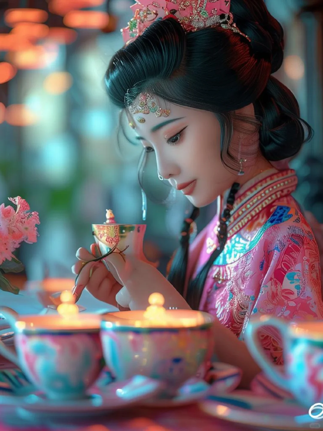 当我让AI帮我生成了汉服美女吃西式下午茶