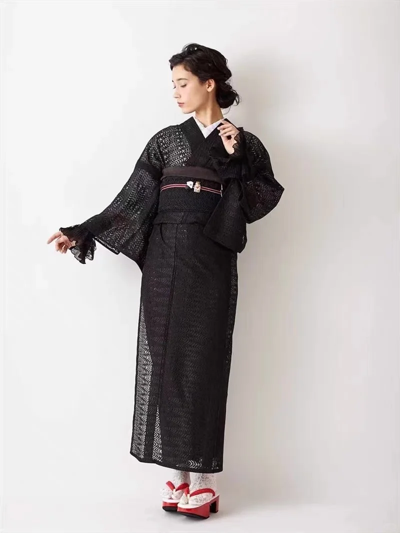 【现货】 纯黑叶纹 蕾丝袷小纹和服