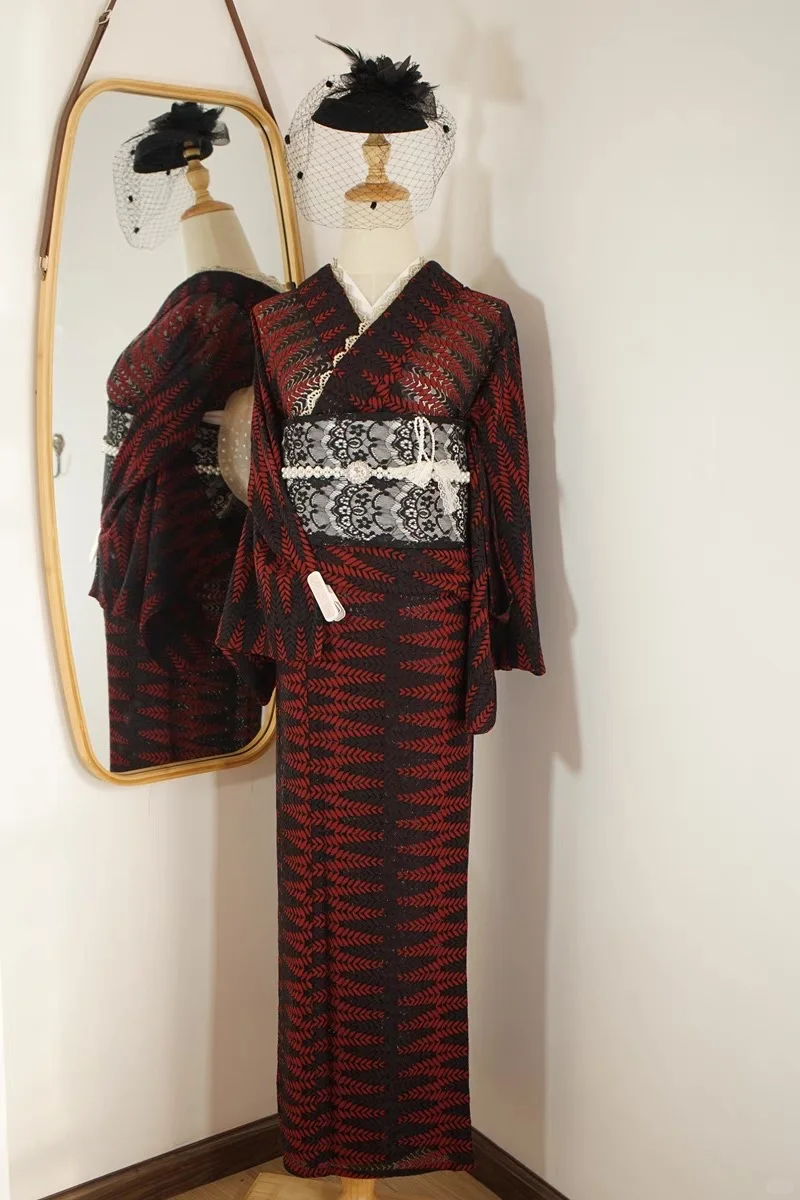 【现货】 红黑叶纹 蕾丝袷小纹和服