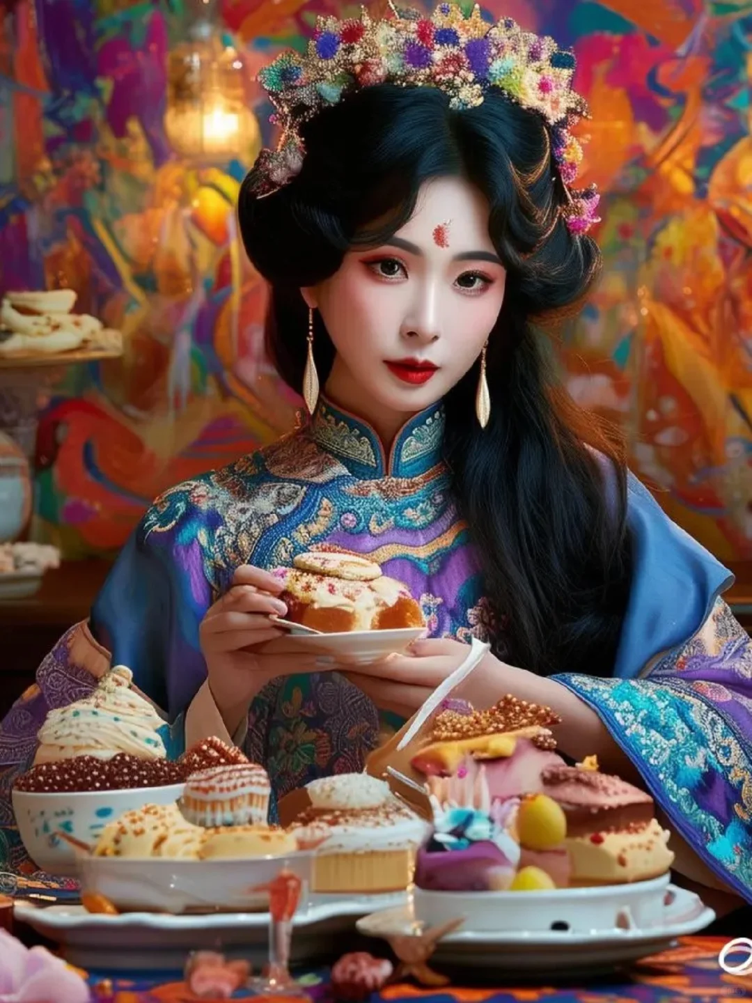 当我让AI帮我生成了汉服美女吃西式下午茶