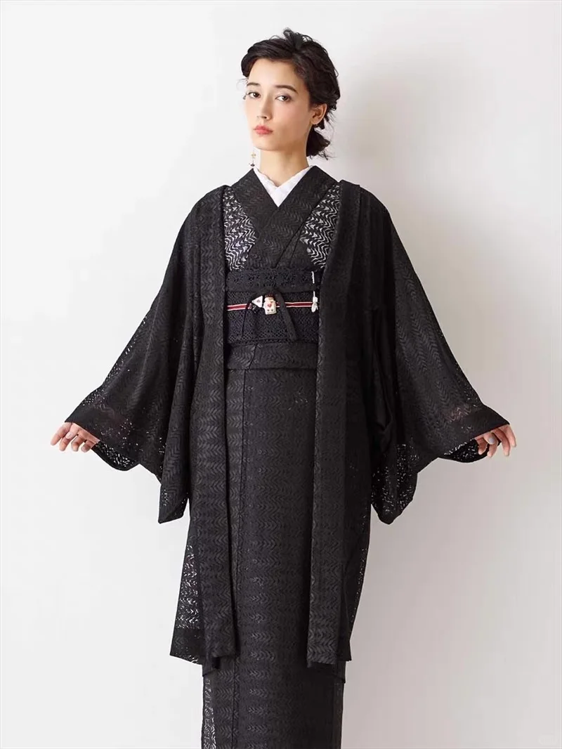 【现货】 纯黑叶纹 蕾丝袷小纹和服