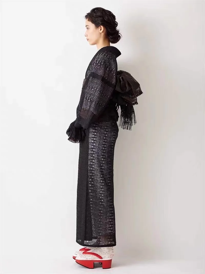 【现货】 纯黑叶纹 蕾丝袷小纹和服