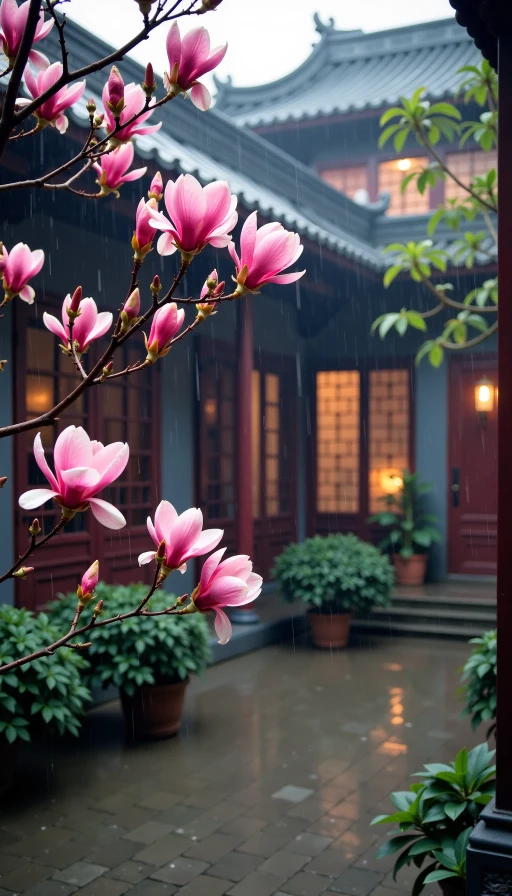 雨中庭院玉兰花