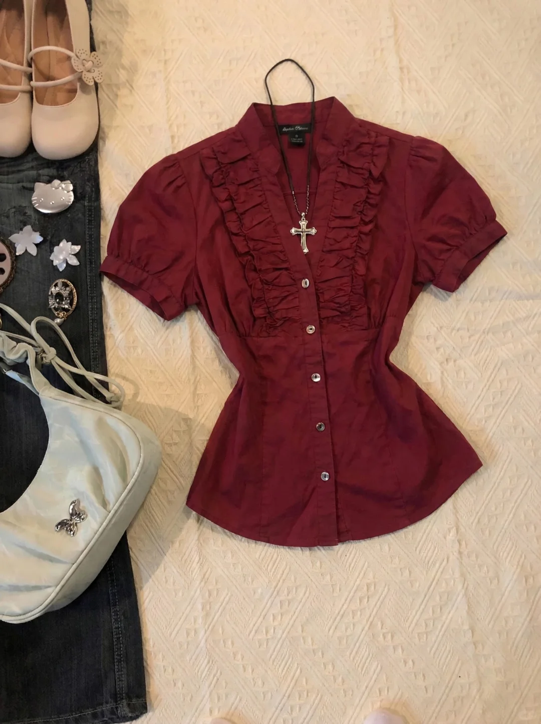 vintage 古着💕千禧辣妹复古酒红色衬衫！