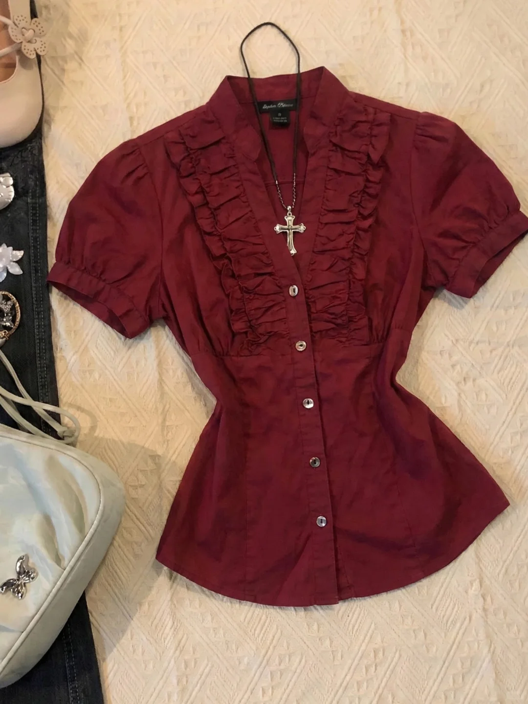 vintage 古着💕千禧辣妹复古酒红色衬衫！