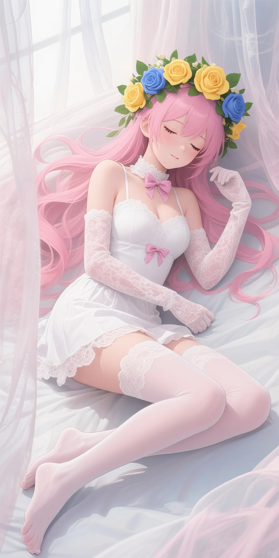 二次元少女的梦幻花环，蕾丝白丝太绝了！