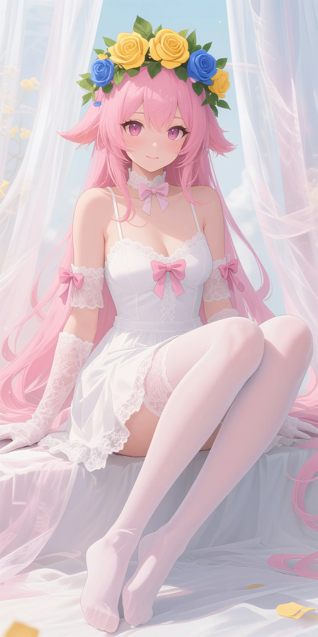 二次元少女的梦幻花环，蕾丝白丝太绝了！