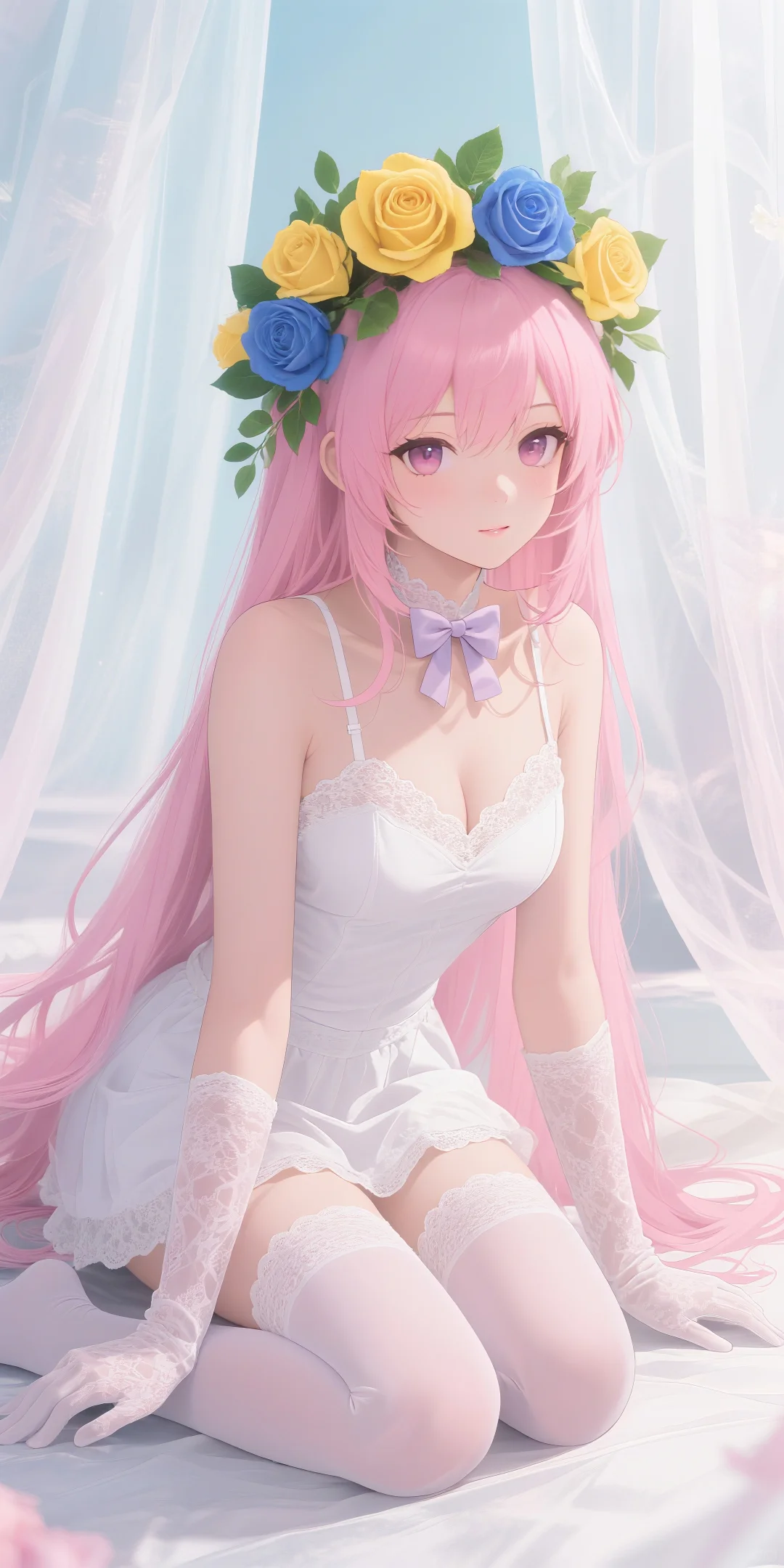 二次元少女的梦幻花环，蕾丝白丝太绝了！