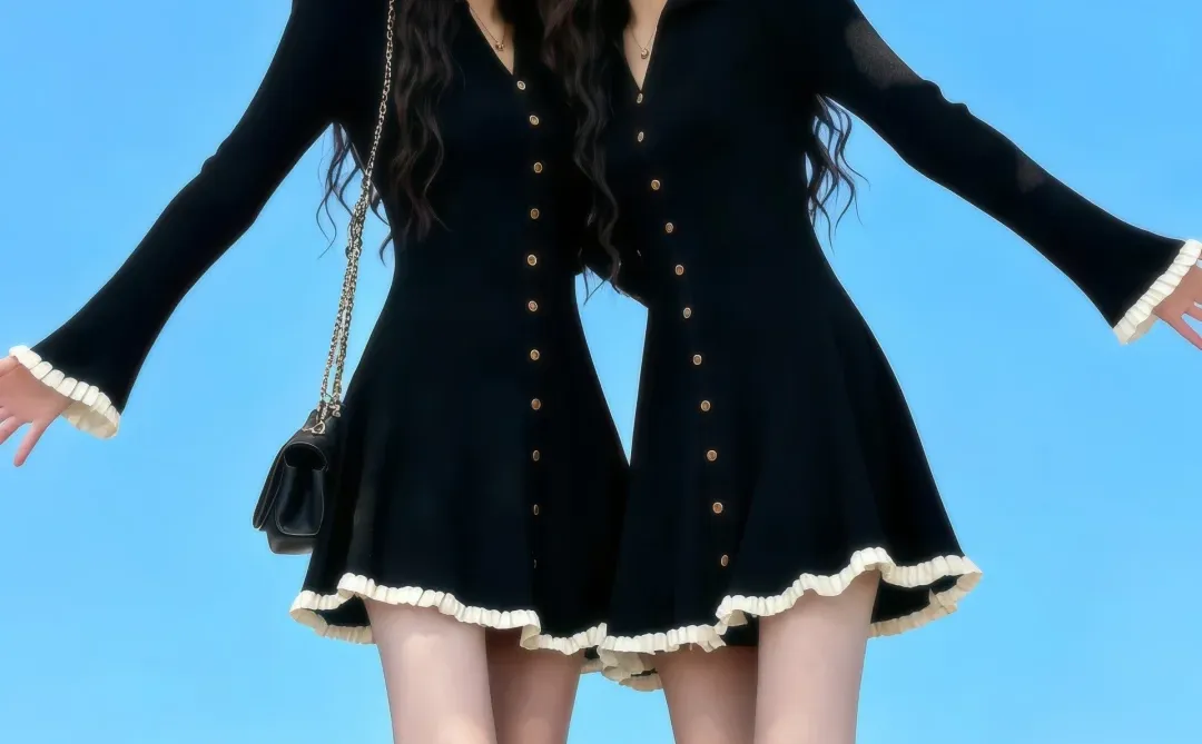 黑色针织连衣裙～