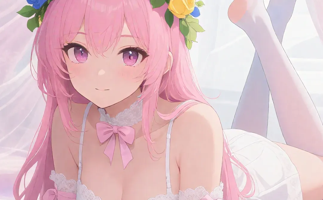 二次元少女的梦幻花环，蕾丝白丝太绝了！