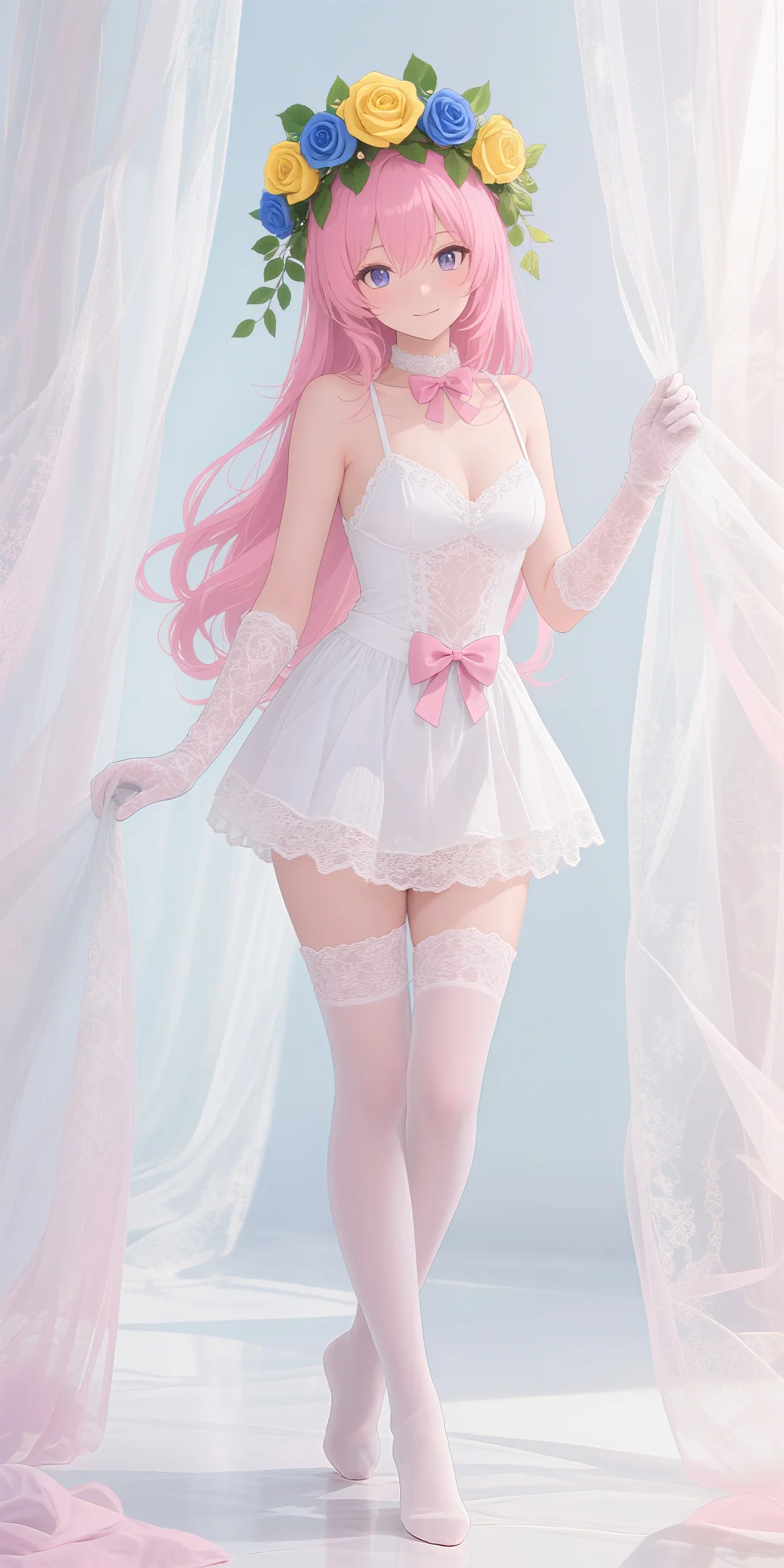 二次元少女的梦幻花环，蕾丝白丝太绝了！