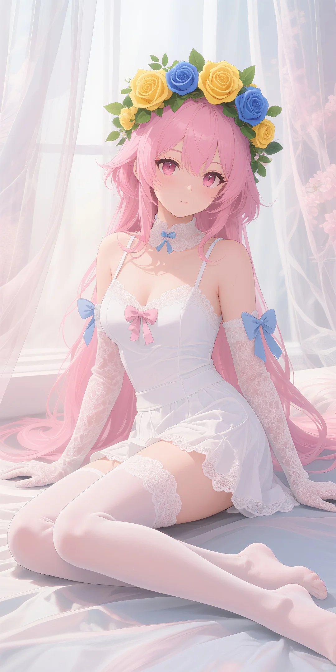 二次元少女的梦幻花环，蕾丝白丝太绝了！