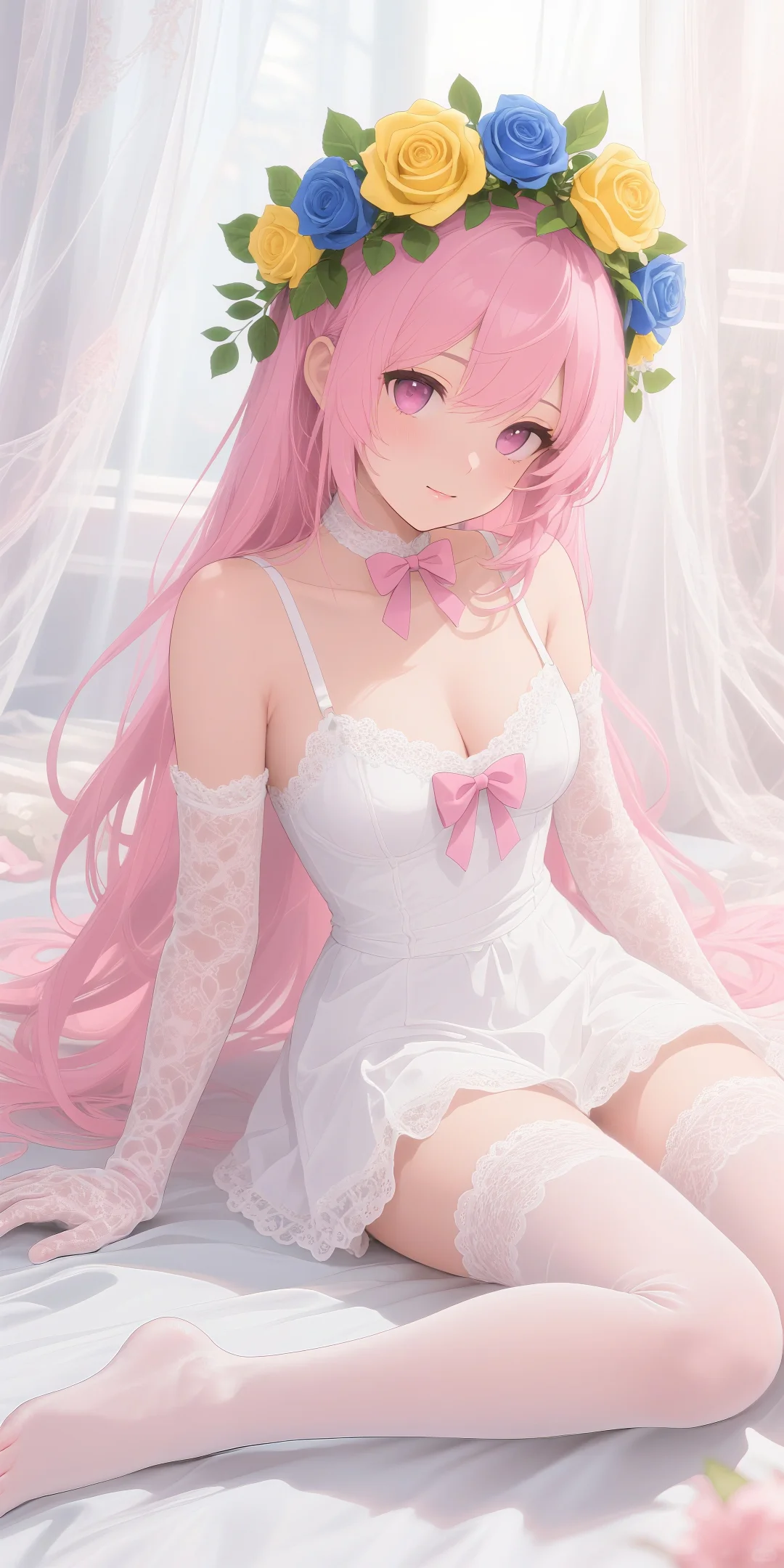 二次元少女的梦幻花环，蕾丝白丝太绝了！