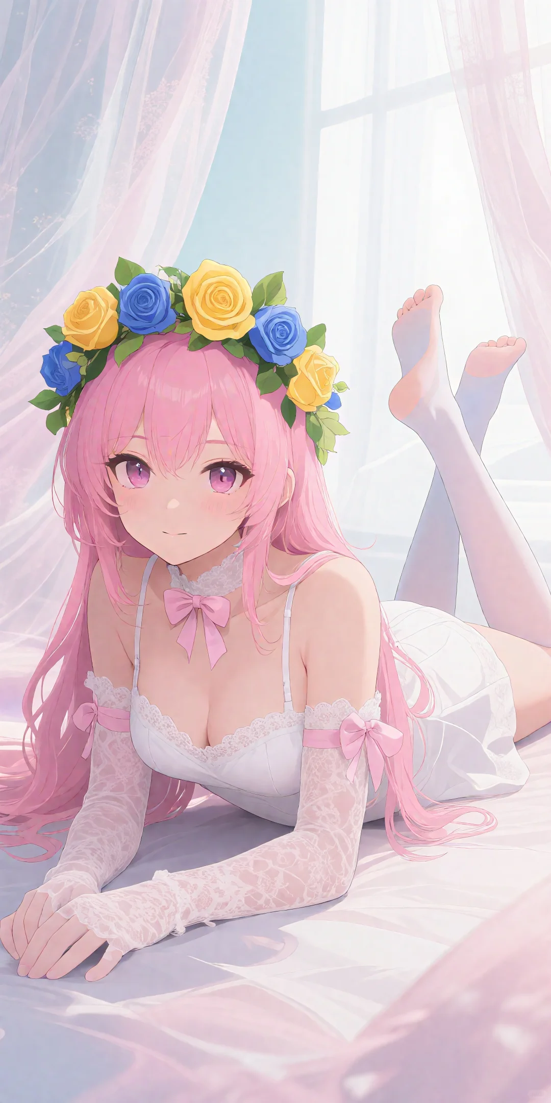 二次元少女的梦幻花环，蕾丝白丝太绝了！