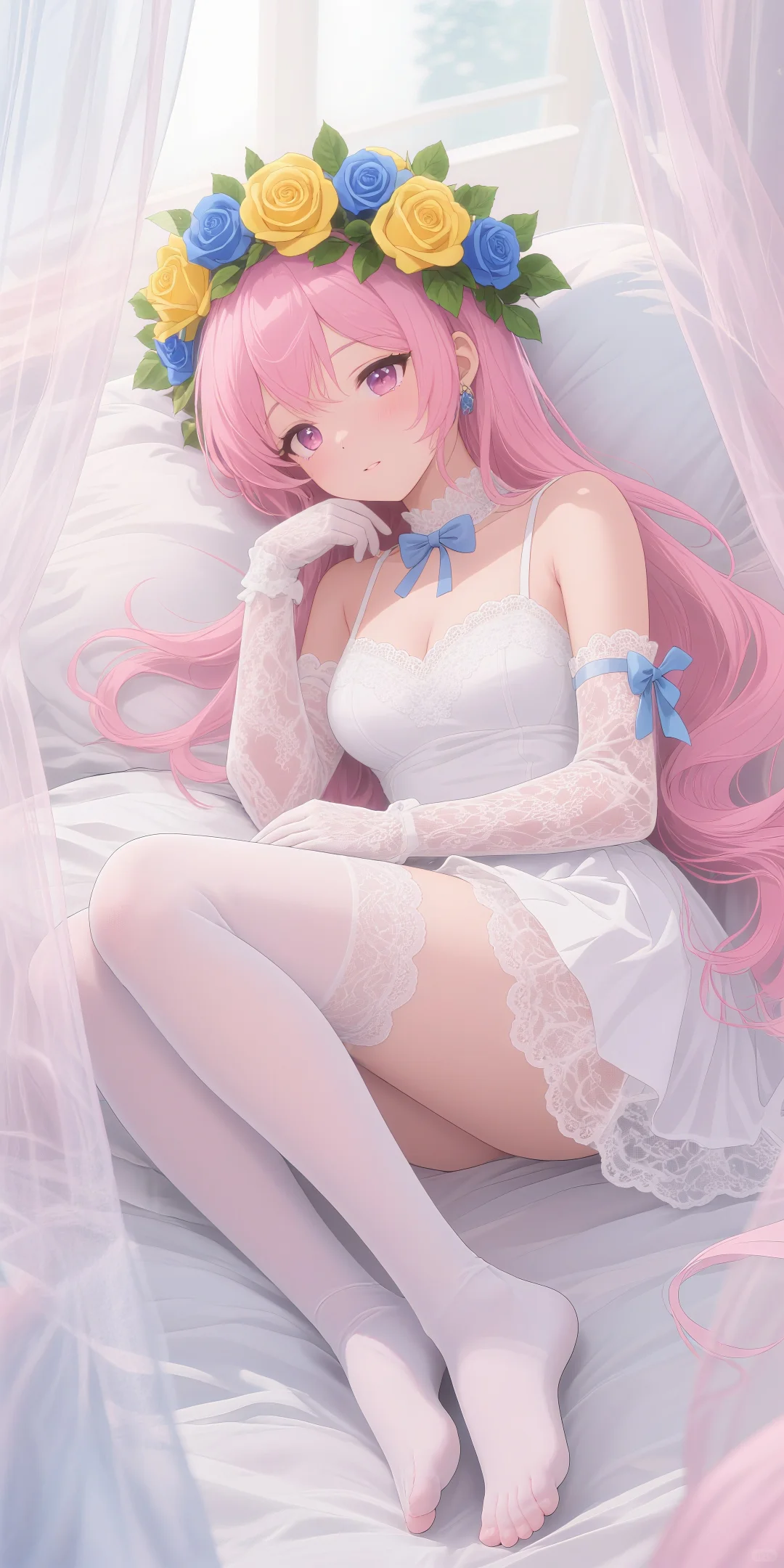 二次元少女的梦幻花环，蕾丝白丝太绝了！