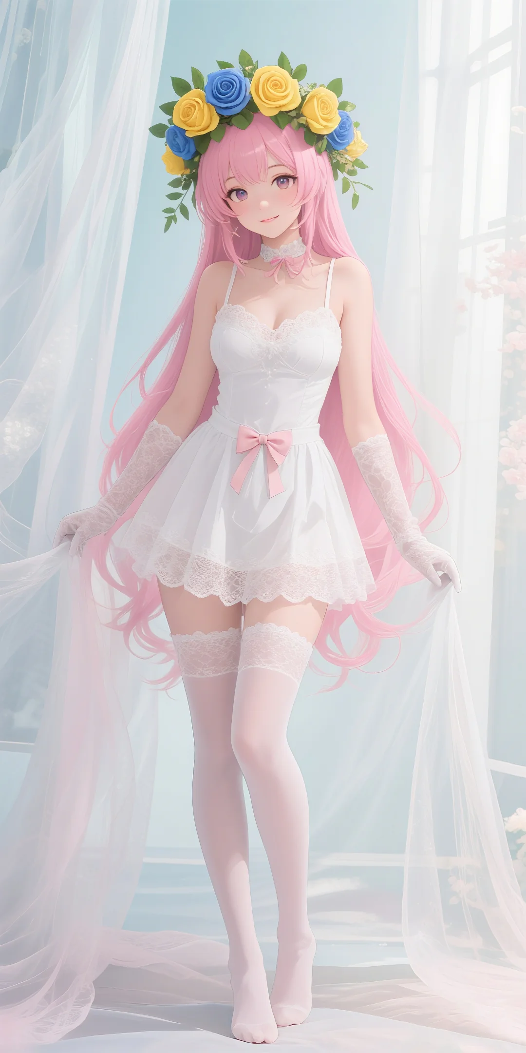 二次元少女的梦幻花环，蕾丝白丝太绝了！