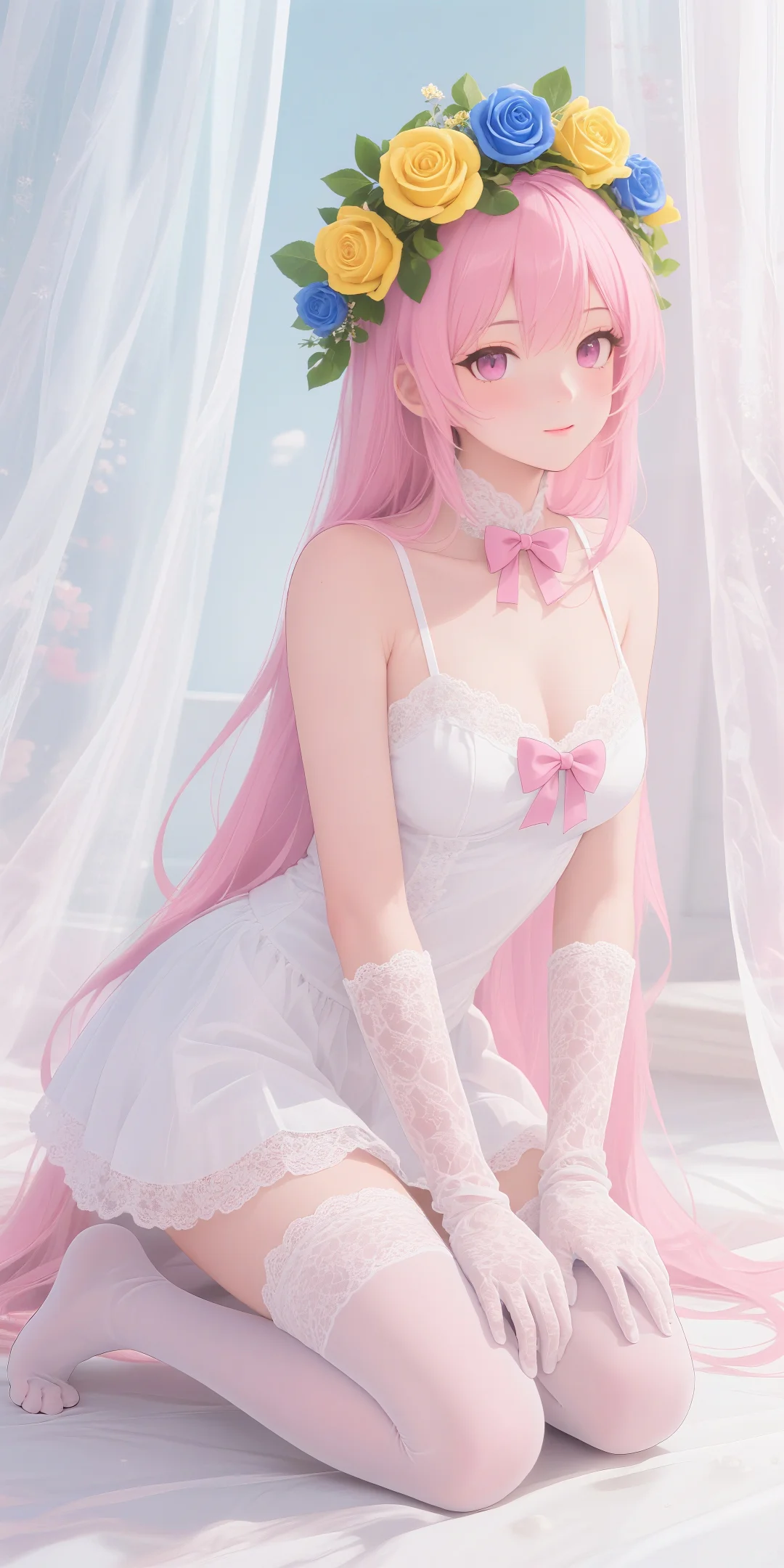 二次元少女的梦幻花环，蕾丝白丝太绝了！