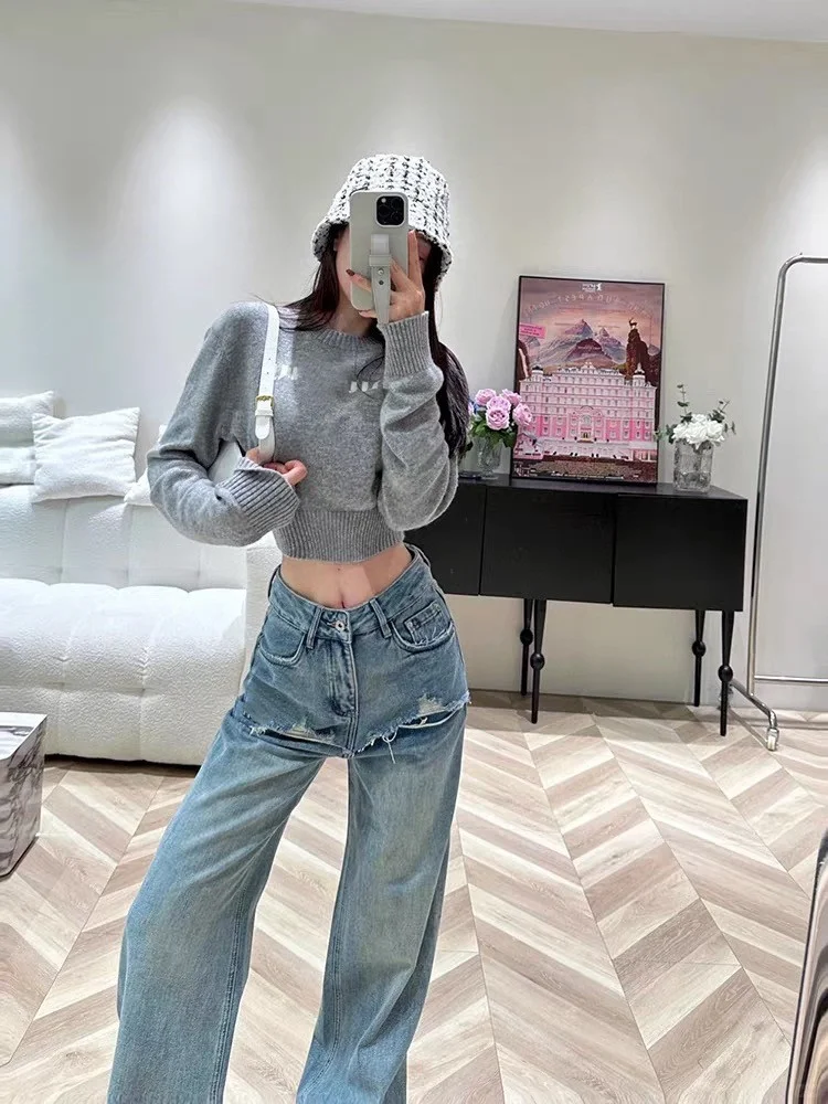 名媛网红立体刺绣字母牛仔裤女式高腰宽松假