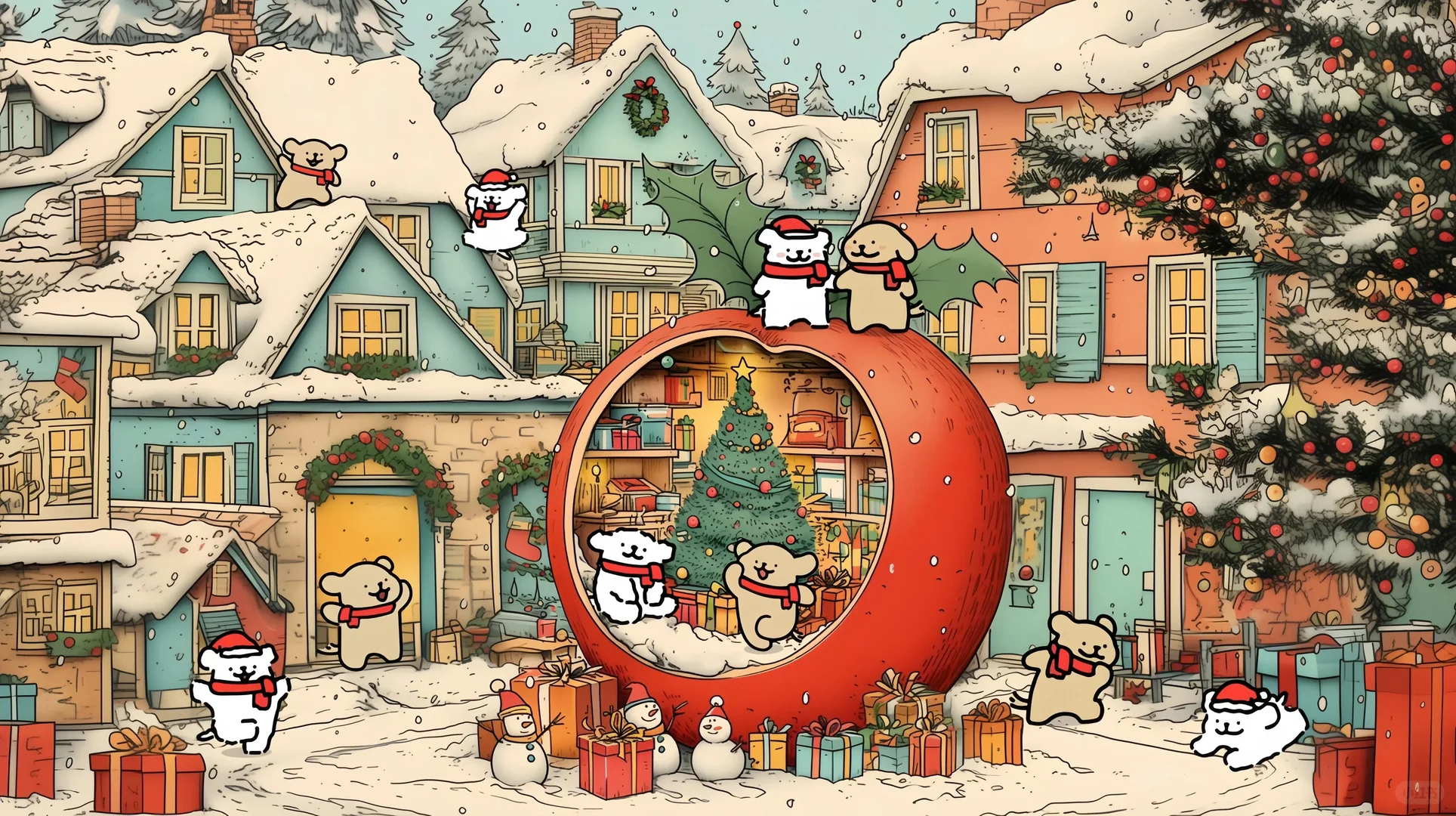 线条小狗圣诞壁纸 | 平板壁纸