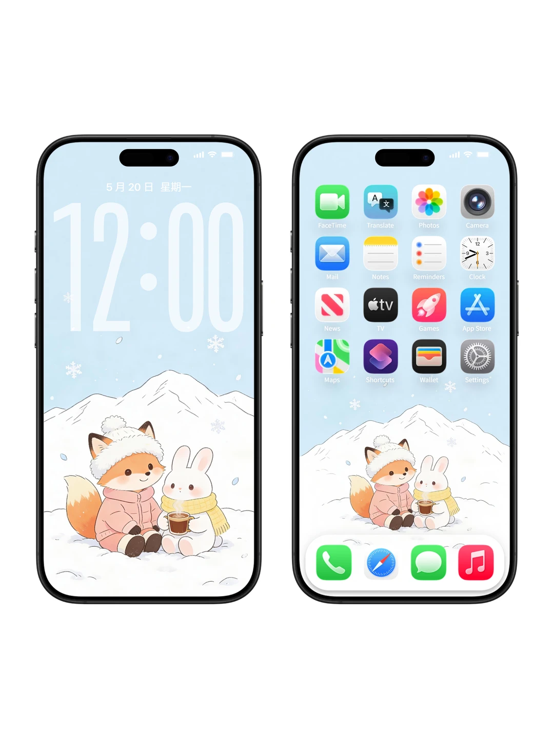 冬日限定壁纸，狐狸和兔兔与雪的治愈约会