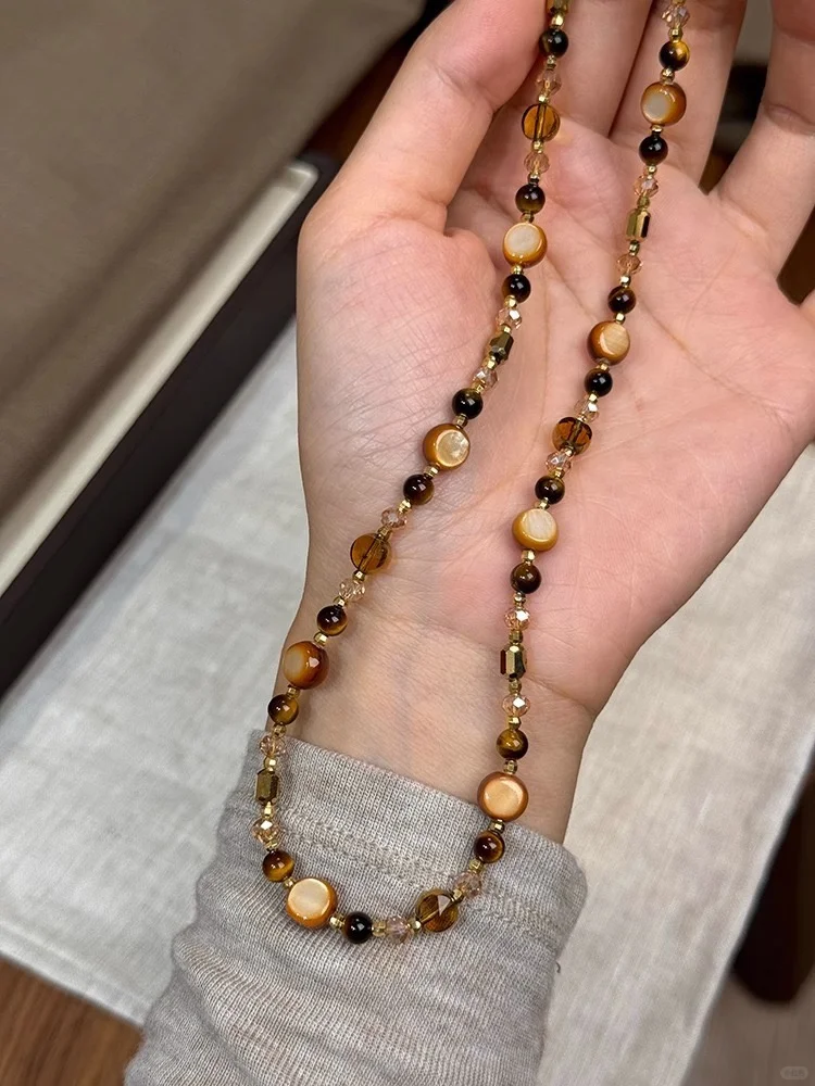 美拉德虎眼石串珠项链女秋冬锁骨链轻奢