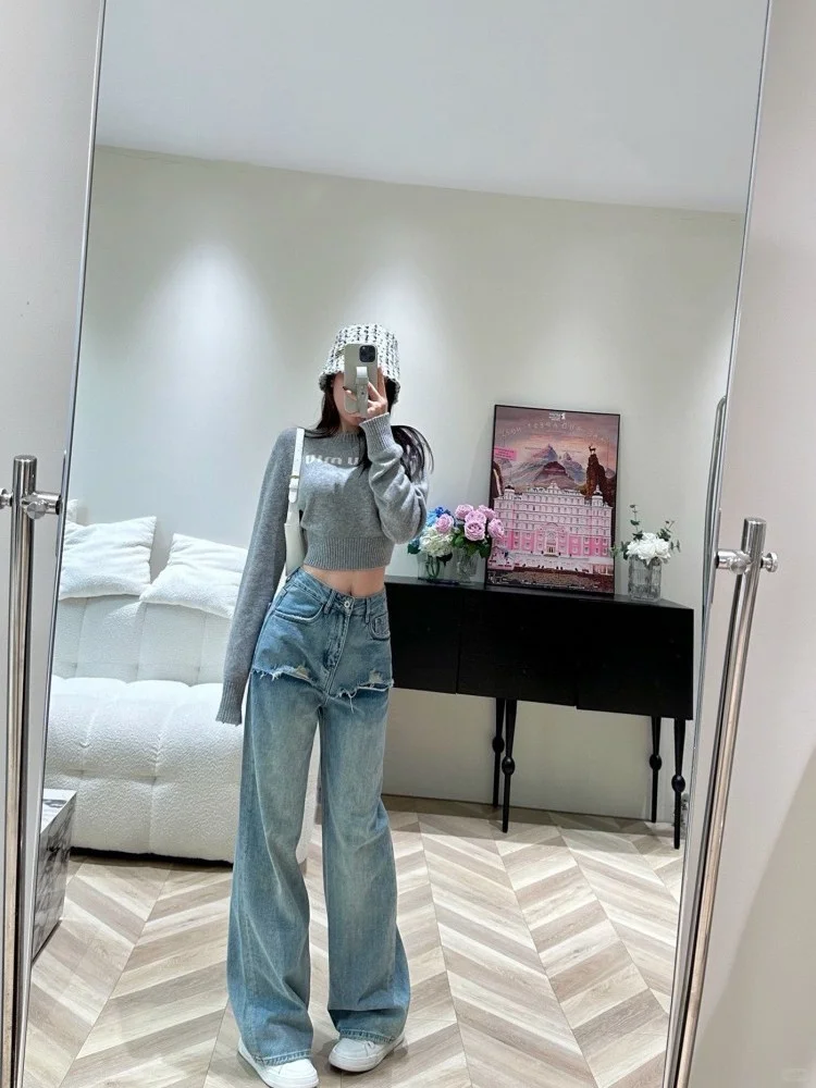 名媛网红立体刺绣字母牛仔裤女式高腰宽松假