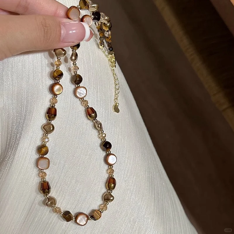 美拉德虎眼石串珠项链女秋冬锁骨链轻奢