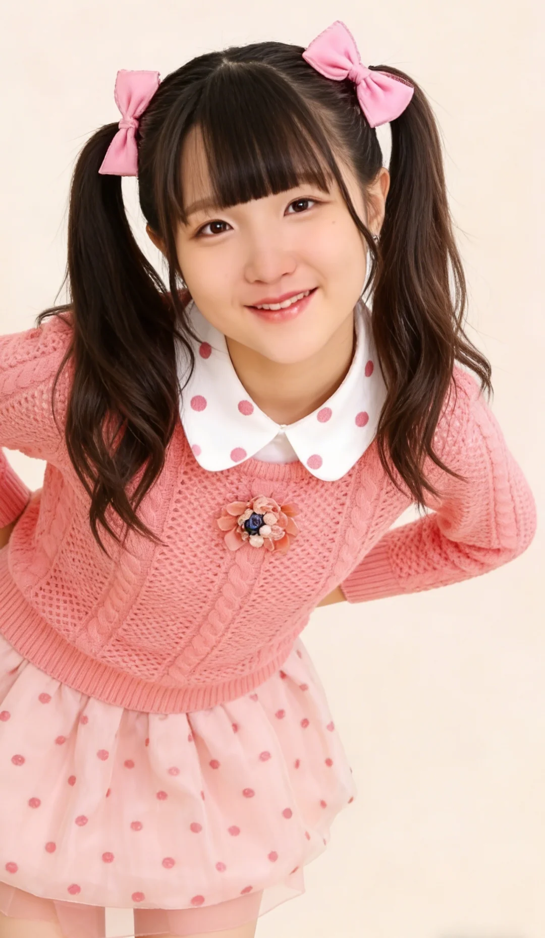 双马尾美少女粉系时装秀 圆点娃娃领 粉色裙