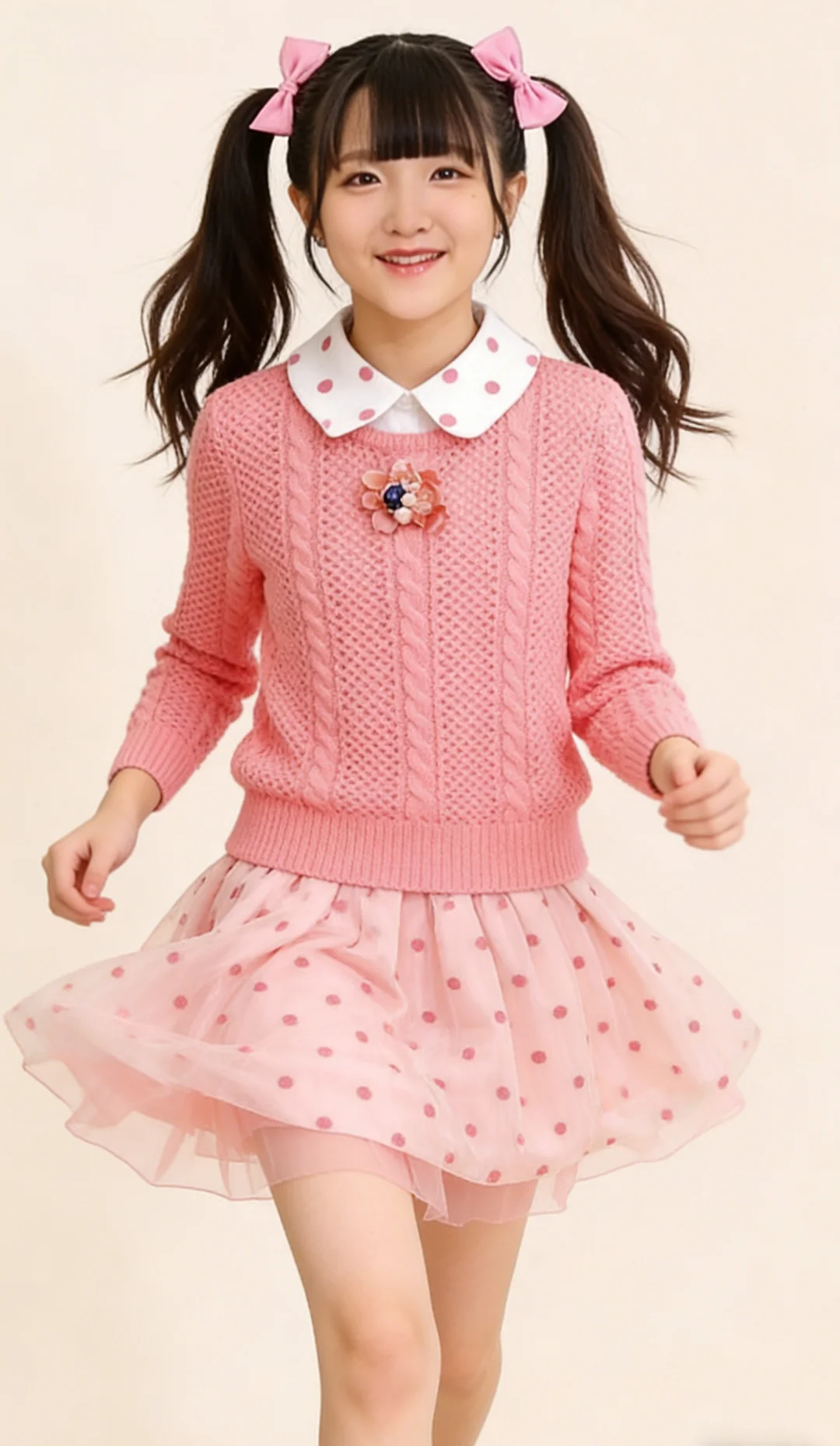 双马尾美少女粉系时装秀 圆点娃娃领 粉色裙