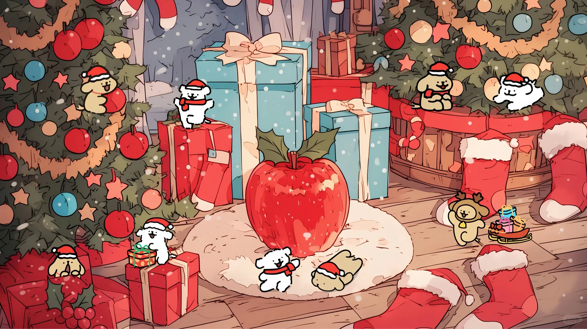 线条小狗圣诞壁纸 | 平板壁纸