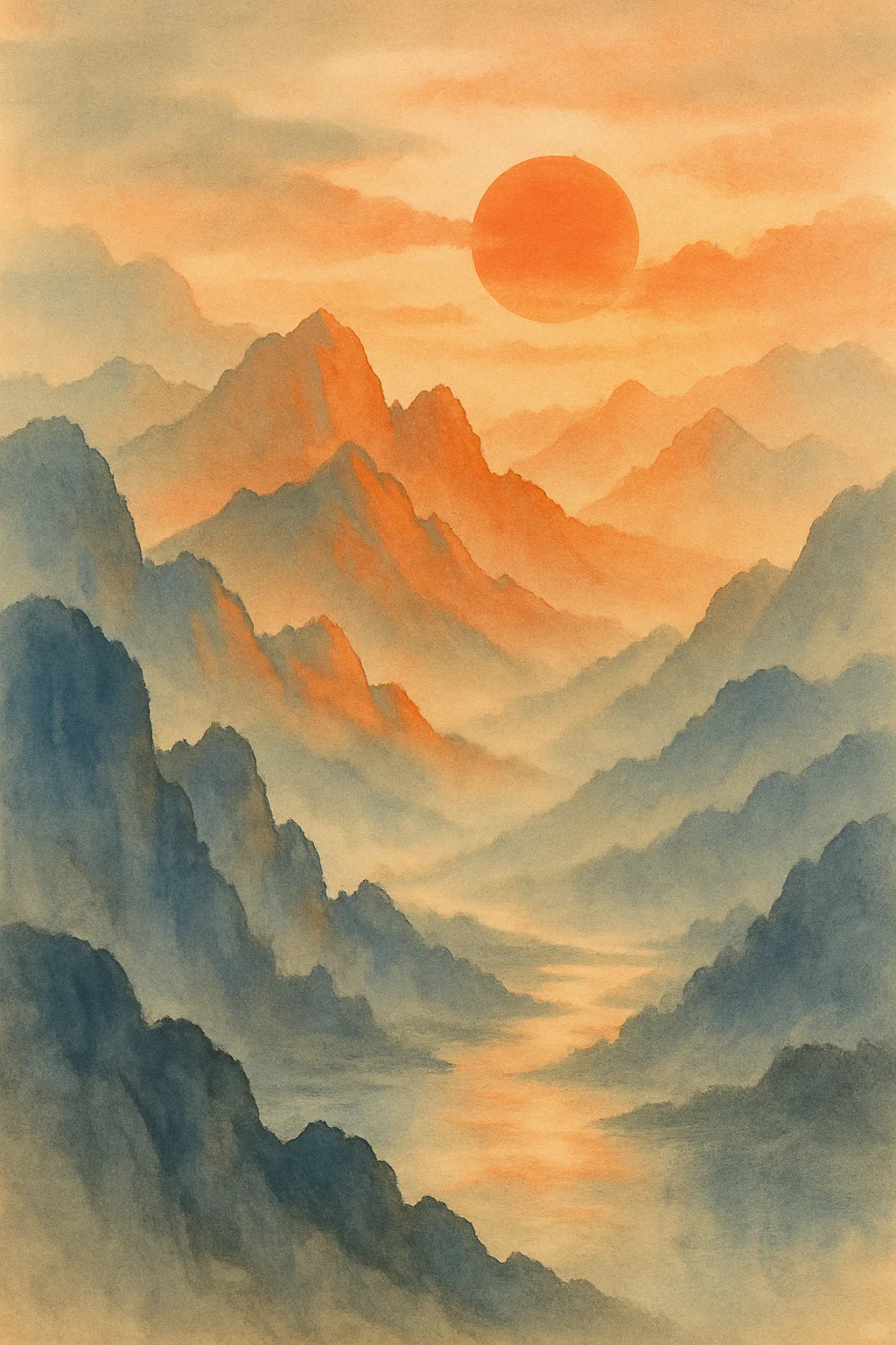 一轮红日起，万山入画中。