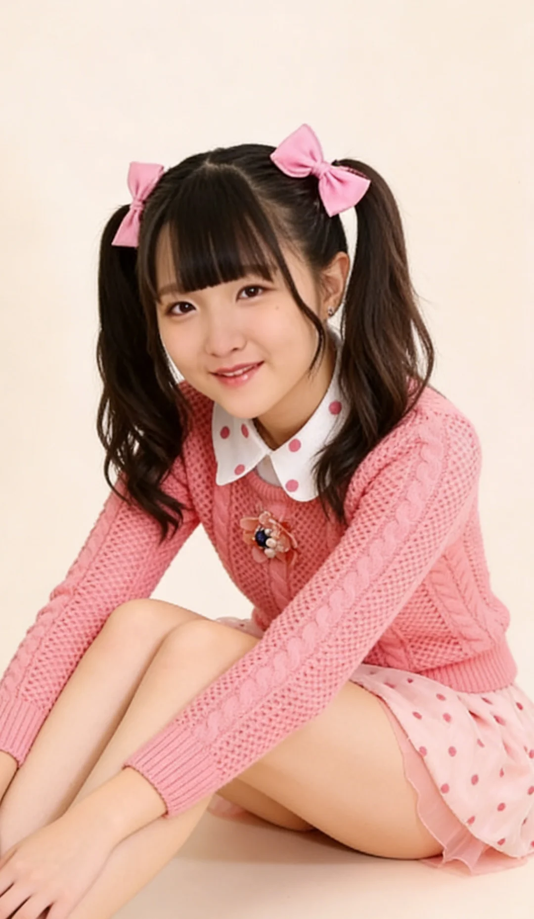 双马尾美少女粉系时装秀 圆点娃娃领 粉色裙