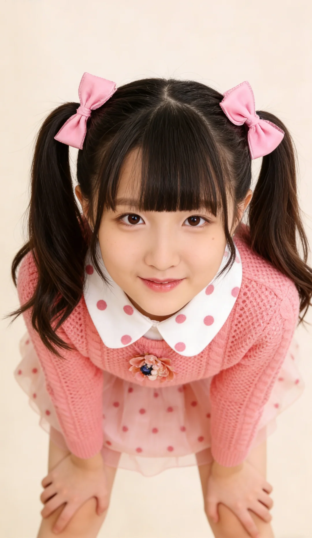 双马尾美少女粉系时装秀 圆点娃娃领 粉色裙