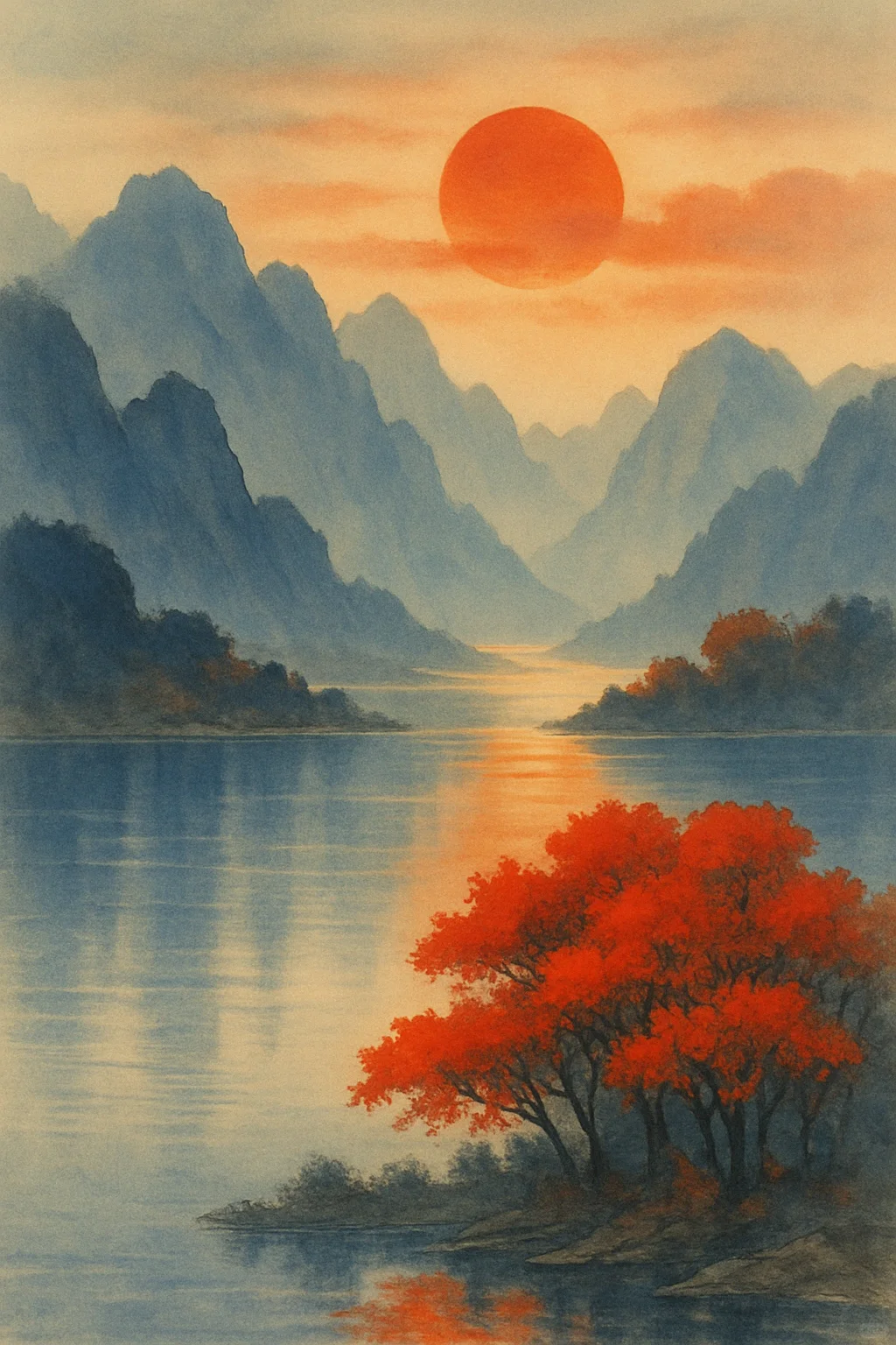 一轮红日起，万山入画中。