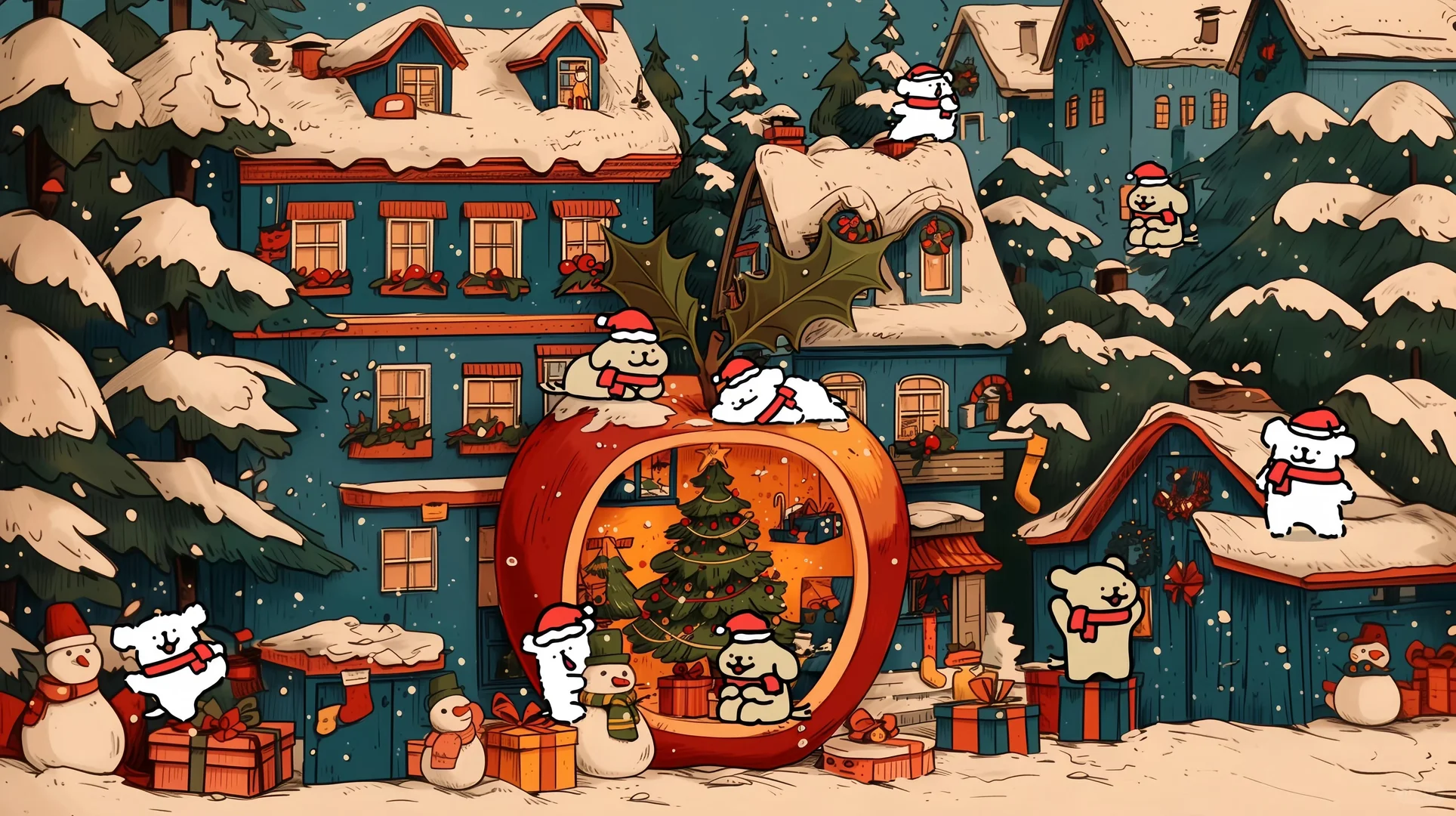 线条小狗圣诞壁纸 | 平板壁纸