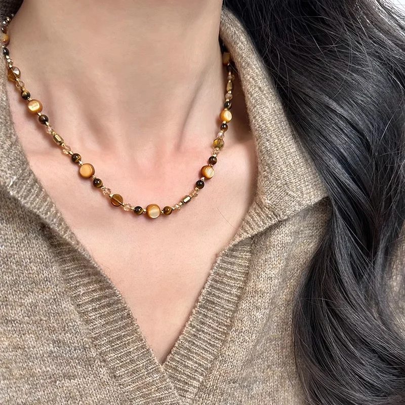 美拉德虎眼石串珠项链女秋冬锁骨链轻奢