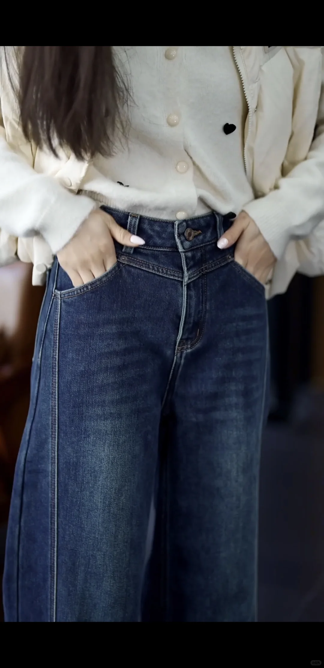 加绒复古蓝阔腿牛仔裤 ，甜妹本命显瘦神裤