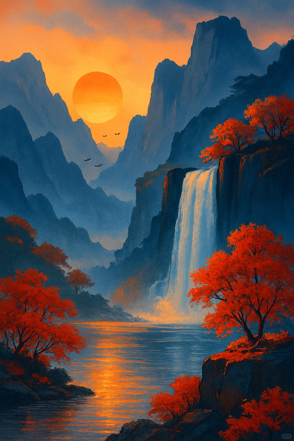 一轮红日起，万山入画中。