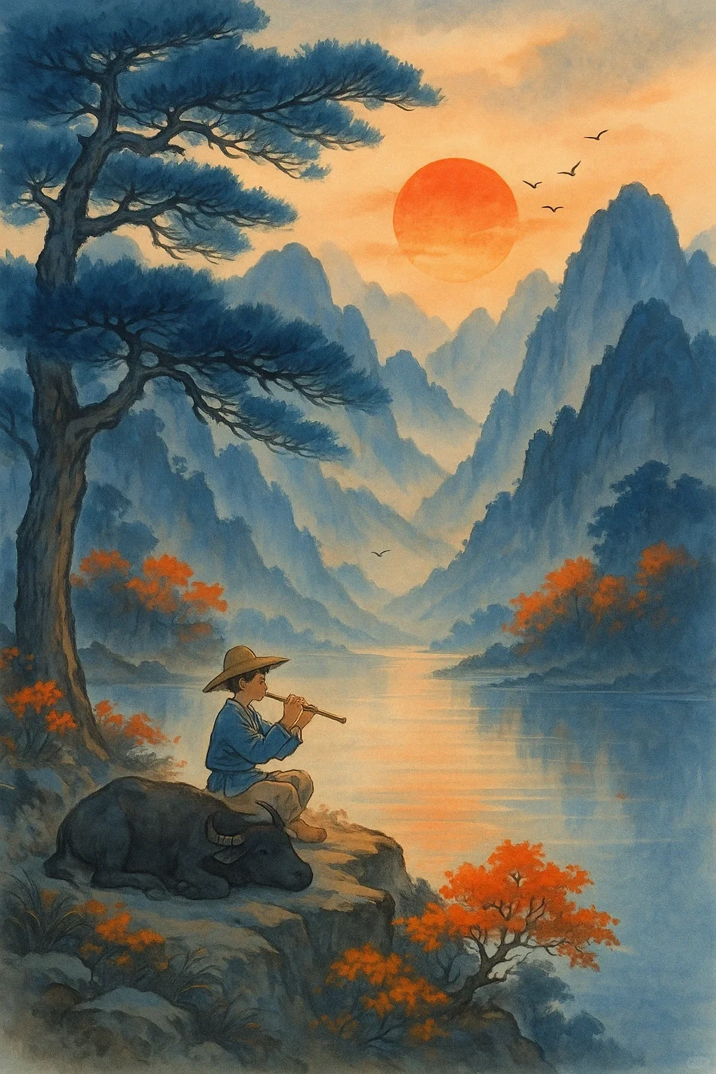 一轮红日起，万山入画中。