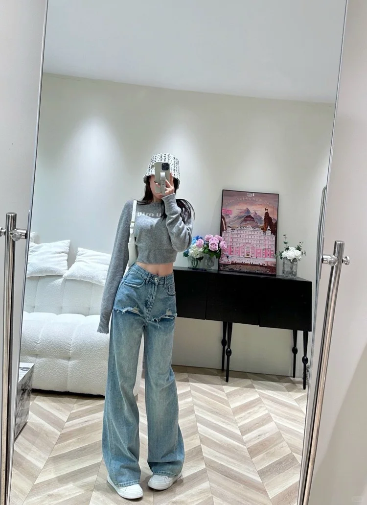 名媛网红立体刺绣字母牛仔裤女式高腰宽松假