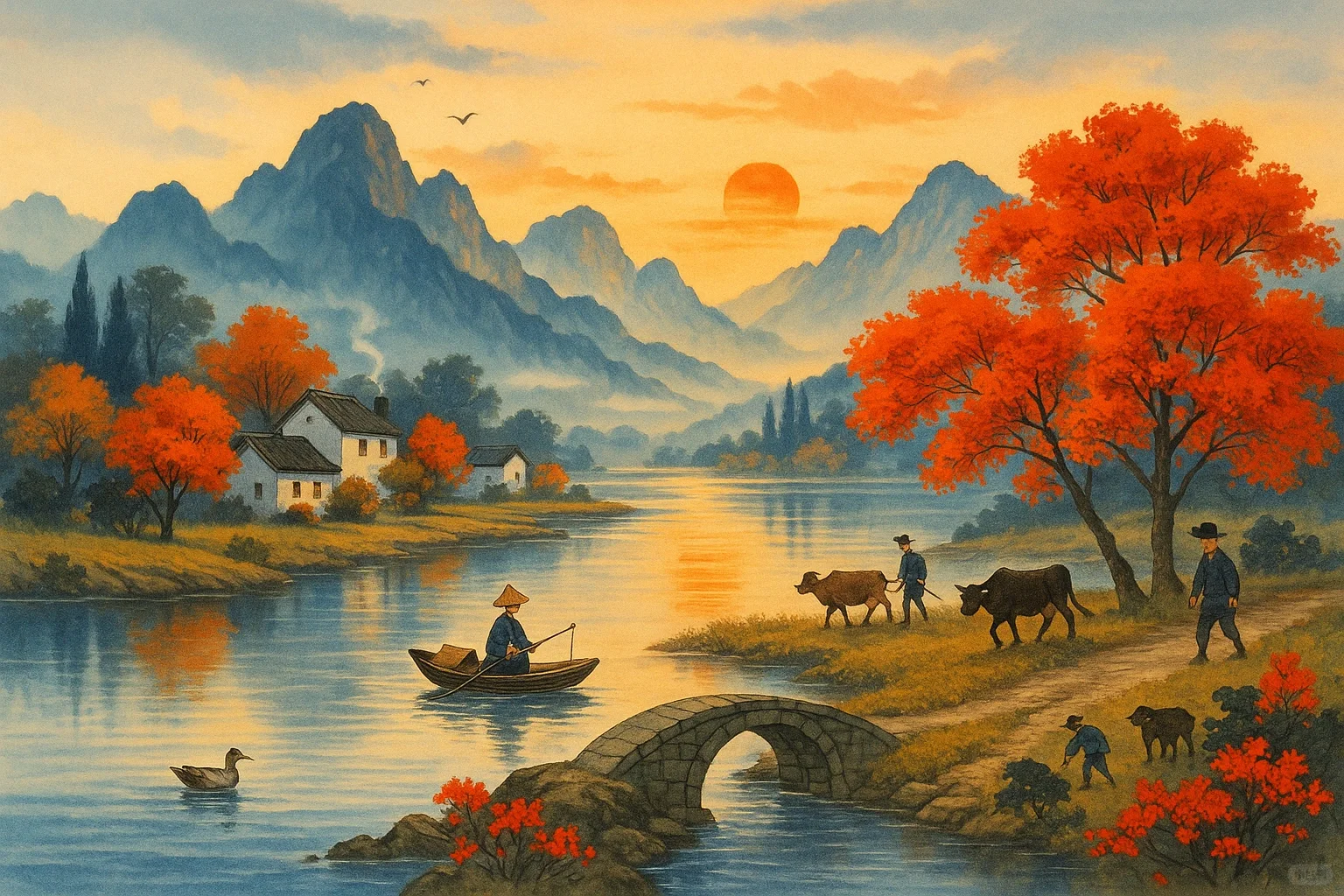 一轮红日起，万山入画中。