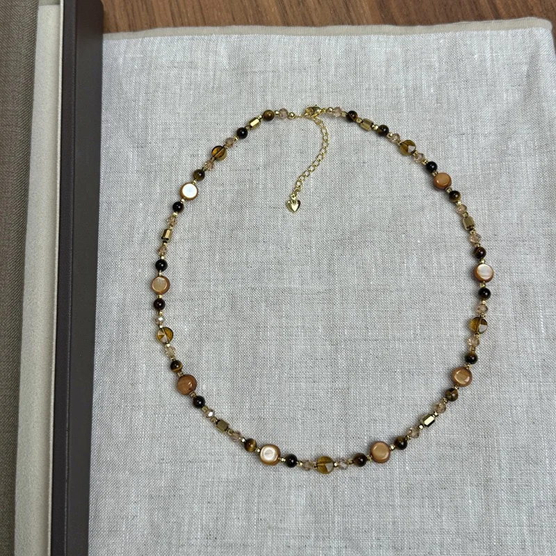 美拉德虎眼石串珠项链女秋冬锁骨链轻奢