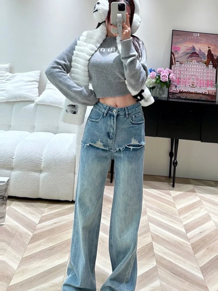 名媛网红立体刺绣字母牛仔裤女式高腰宽松假