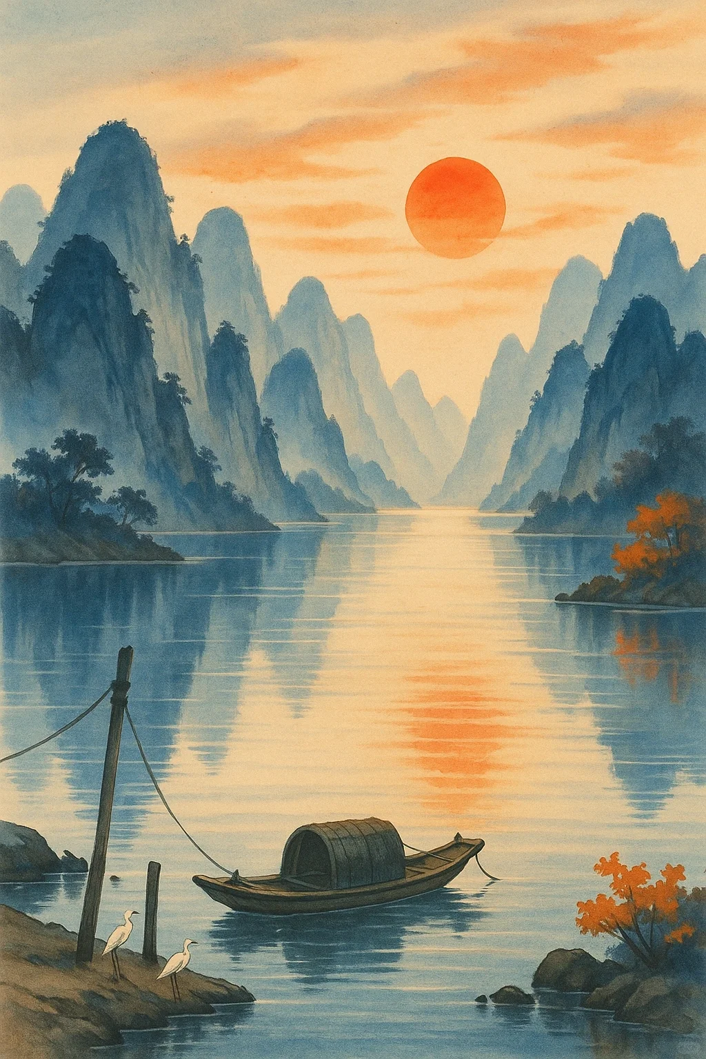 一轮红日起，万山入画中。