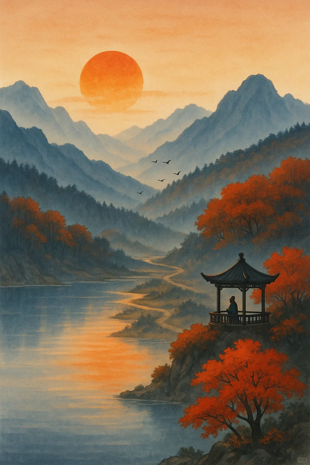 一轮红日起，万山入画中。