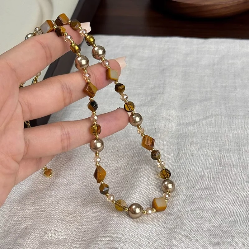 美拉德虎眼石串珠项链女秋冬锁骨链轻奢