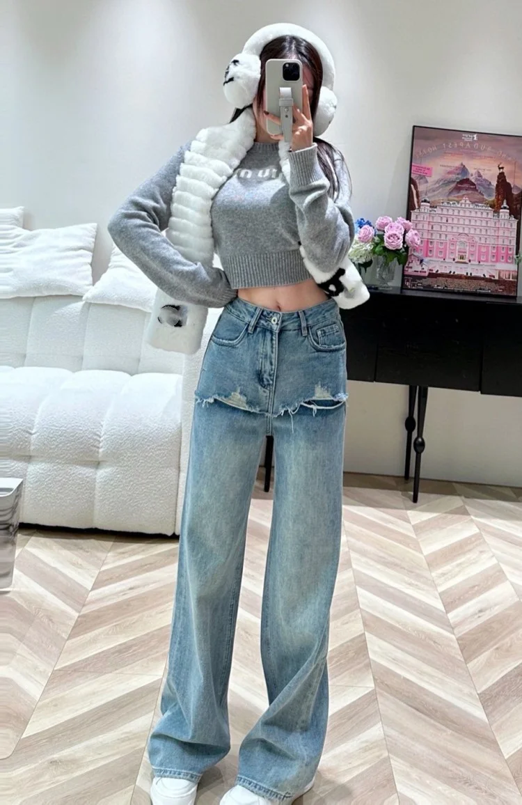 名媛网红立体刺绣字母牛仔裤女式高腰宽松假