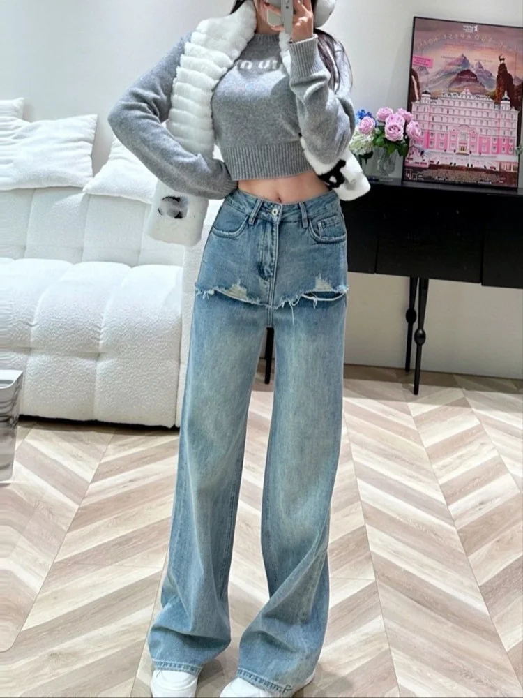 名媛网红立体刺绣字母牛仔裤女式高腰宽松假