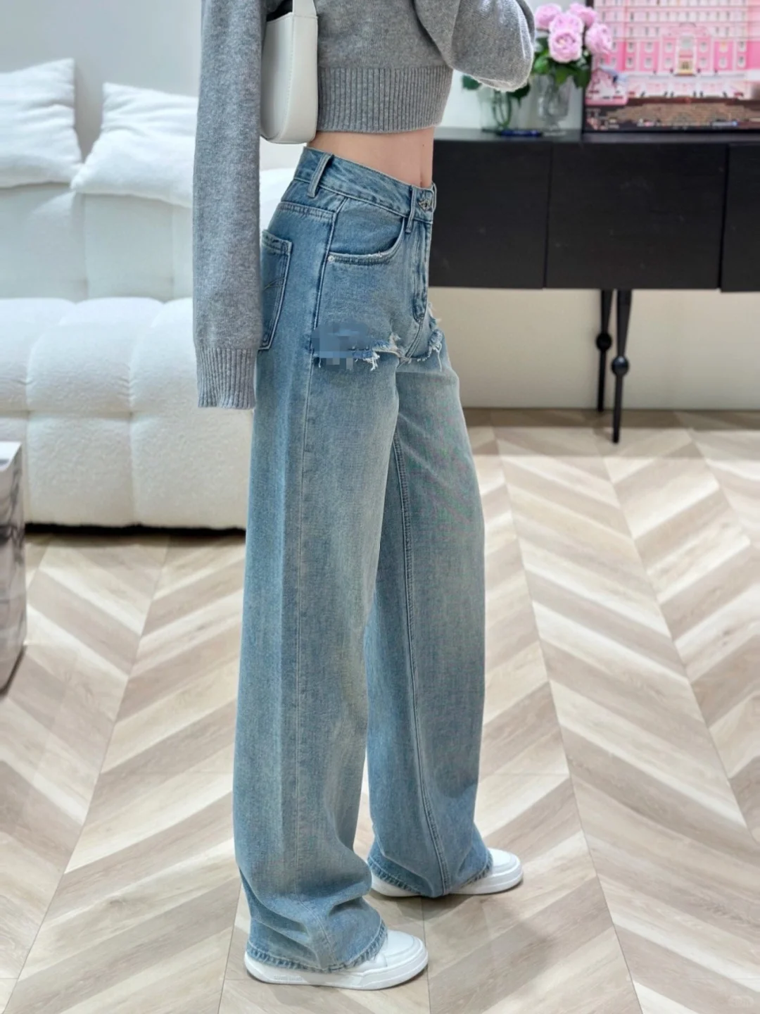 名媛网红立体刺绣字母牛仔裤女式高腰宽松假